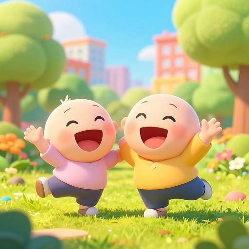 Digital illustration of two smiling, bald, chubby babies with open arms, wearing yellow and purple shirts, in a sunny, colorful park.