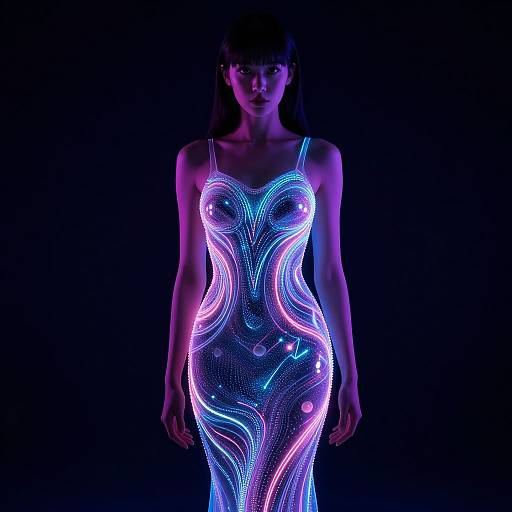 Photograph of a woman with glowing neon blue and pink body paint, outlining her figure against a black background.