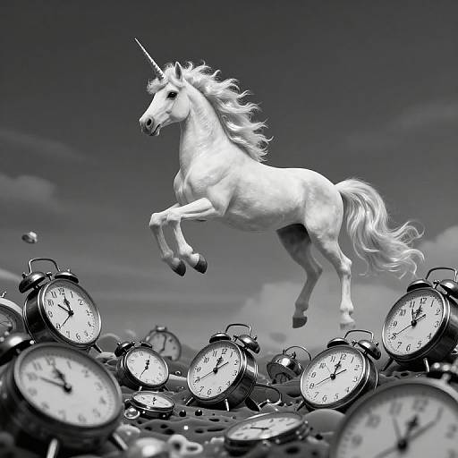 Photograph-like CGI of a white, rearing unicorn with a flowing mane, leaping over a chaotic pile of classic alarm clocks. Monochrome with