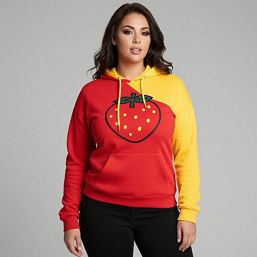 Photograph of a curvy, dark-haired woman wearing a red and yellow hoodie with a strawberry graphic, standing against a plain light gray background.
