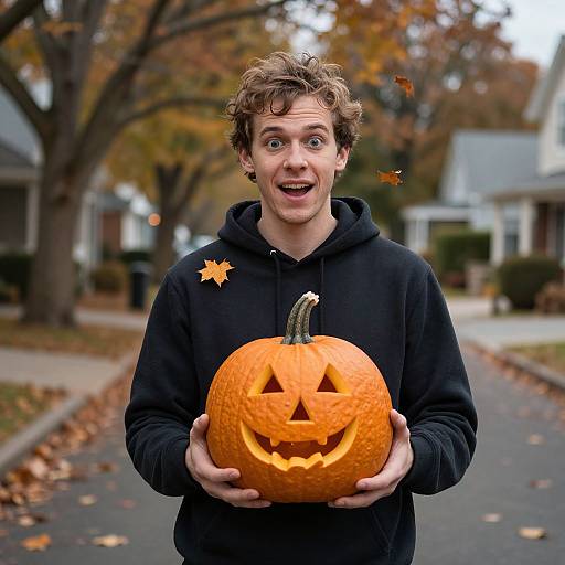 Photograph of a surprised young man with curly brown hair, wearing a black hoodie, holding a carved orange pumpkin with a triangular face, standing on a