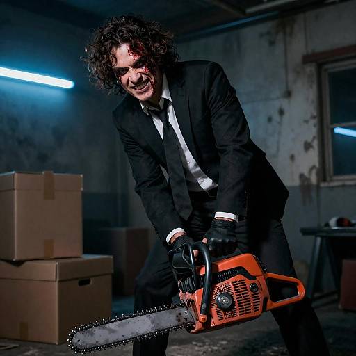 Aggressive Man with Chainsaw in Neon Room