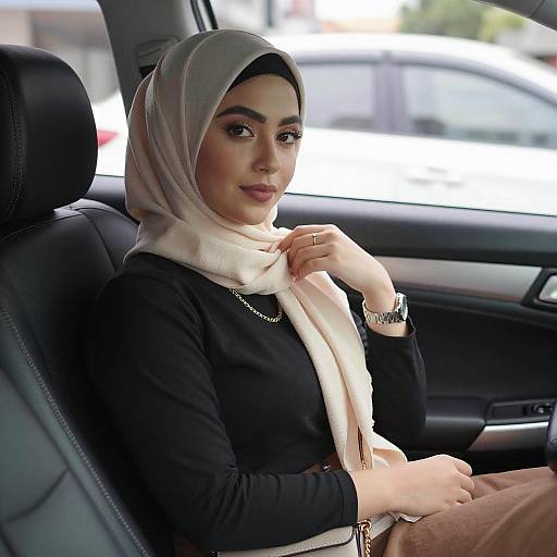 Young Woman in Beige Hijab Car Portrait