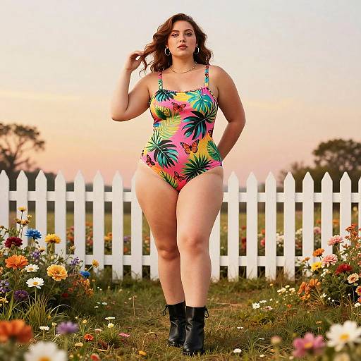Plus Size Woman in Tropical Print Bodysuit in Floral Meadow