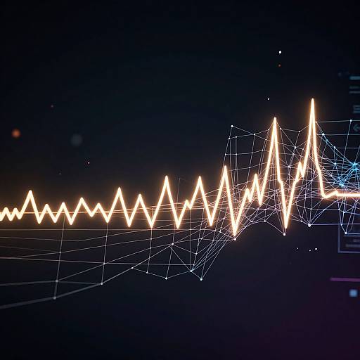 Photograph of a bright, zigzagging light trail resembling an ECG heartbeat against a dark blue background, with white, star-like dots and thin
