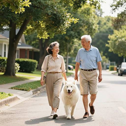 Sunny Suburban Stroll With White Dog