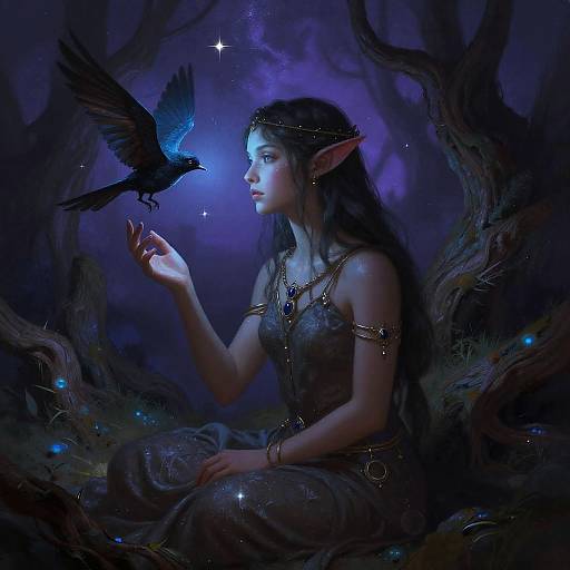 Digital fantasy artwork of a dark-haired elf with pointed ears, sitting in a mystical forest, offering a hand to a glowing blue raven. Twink