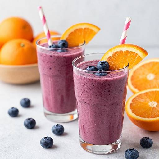 Photograph of two purple smoothies with blueberries, orange slices, and red-striped straws, surrounded by whole oranges and scattered blueberries.