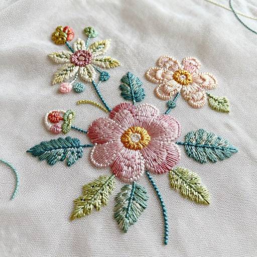 Close-up photograph of intricate, colorful floral embroidery on white fabric. Features pink, yellow, and red flowers with green leaves, showcasing detailed threadwork and