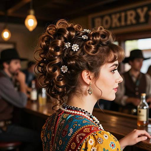 Saloon girl with colorful period costume and curl updo
