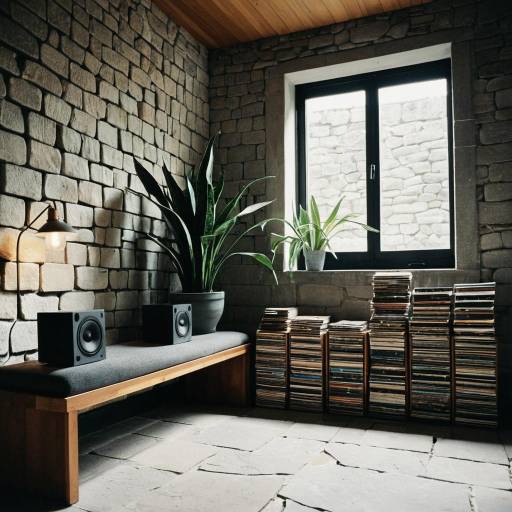 Minimalist Stone Wall Interior with Records and Plants