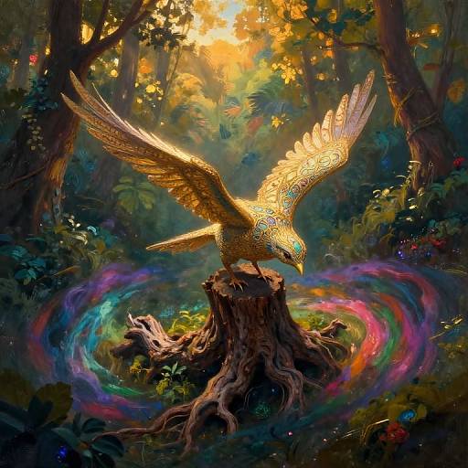 Digital fantasy artwork of a radiant golden phoenix with outstretched wings, perched on a tree stump, surrounded by swirling rainbow light in a sunlit