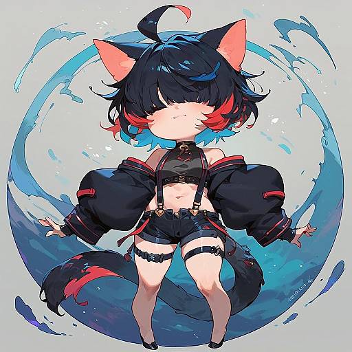 Chibi Cat-Eared Character with Multicolored Hair