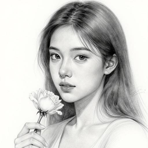 Monochrome digital portrait of a young Asian woman with long hair, holding a flower near her face, soft expression, detailed shading.