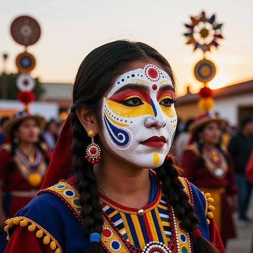 Photograph of a young woman with white face paint, intricate red, yellow, and blue designs, wearing traditional colorful attire, braided hair, and