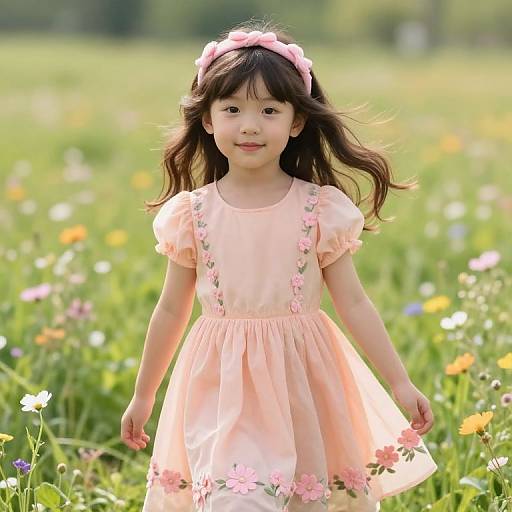 Joyful Girl in Floral Peach Dress