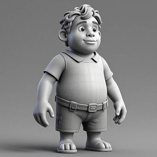 CGI 3D render of a chubby, smiling boy with curly hair, wearing a textured polo shirt, shorts, and shoes, standing against a
