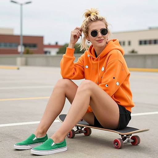 Urban Skateboard Style with Smiling Blonde