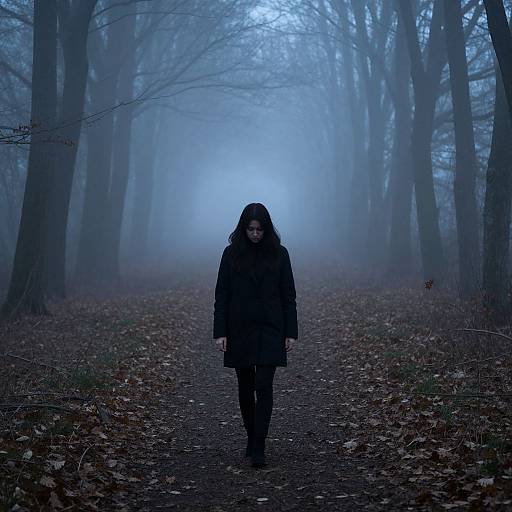 Photograph of a solitary woman with long dark hair in a black coat walking down a foggy, leaf-covered forest path.