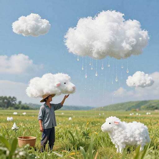 Photograph of a man in a straw hat and blue shirt standing in a green field, touching a floating white cloud with raindrops, surrounded by three