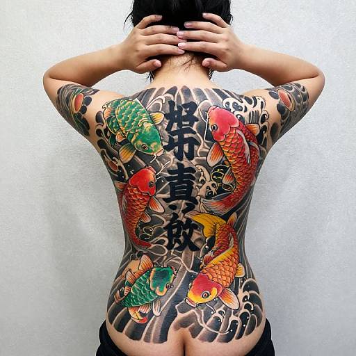 Photograph of a person with dark hair, facing away, showcasing a back tattoo of vibrant goldfish and black Japanese kanji on a white wall.