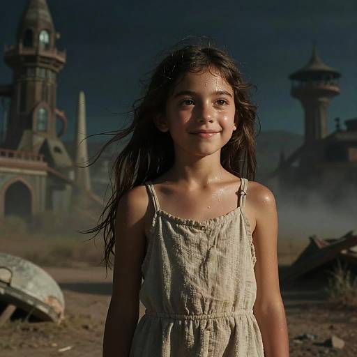 Photograph of a young girl with long, wet, dark hair, wearing a beige, sleeveless dress, standing in front of a dark, mist