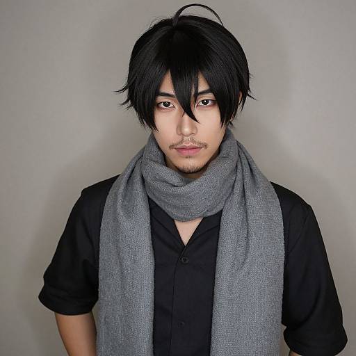 Photograph of an Asian man with black hair, black shirt, and gray scarf, looking directly at the camera against a plain gray background.