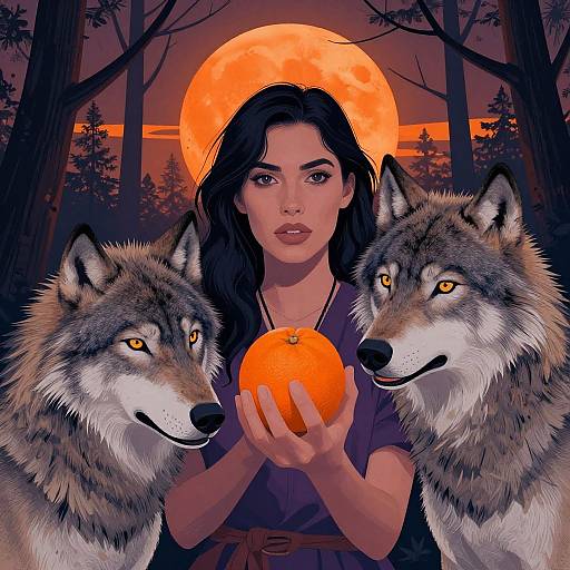 Digital art: Young woman with long black hair, holding orange, flanked by two wolves with glowing yellow eyes, under a large orange moon in a