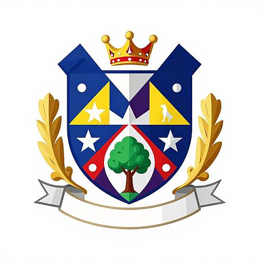 Vibrant, digital heraldic shield with blue and yellow triangles, white stars, red and white diamond, green tree, golden crown, gold laure