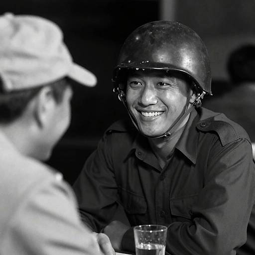 Smiling Soldier in Dimly Lit Setting