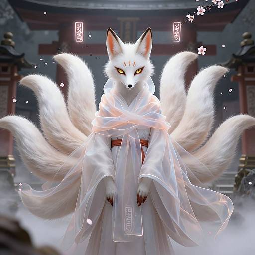 Digital art of a fierce, white fox with nine tails, wearing a translucent kimono, standing in a traditional Japanese shrine with cherry blossoms. Illum