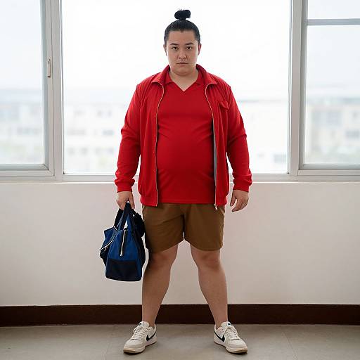 Photograph of a plus-sized Asian man with a topknot, wearing a red jacket, brown shorts, white sneakers, and holding a blue bag