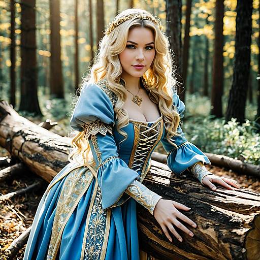 Woman in Medieval Blue and Gold Dress in Forest