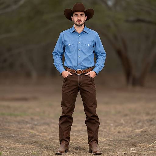 Photograph of a bearded man in a blue shirt, brown pants, and cowboy hat, standing confidently in a grassy, wooded area.