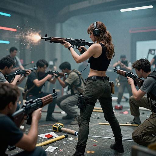 Photograph of a female soldier in a black crop top and green pants, firing a gun in a smoky, dimly lit industrial room with multiple