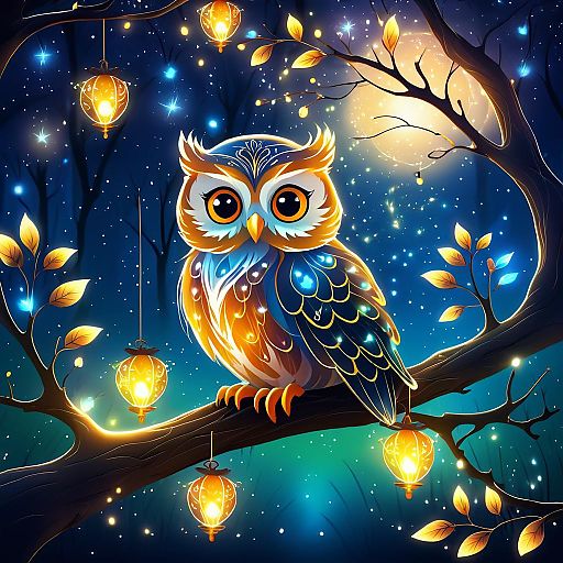 Wise Owl Surrounded by Glowing Fireflies Wise Owl Surrounded by Glowing Fireflies