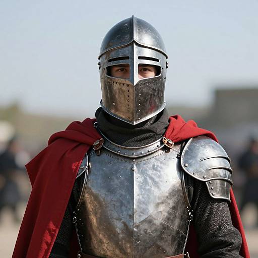 Photograph of a medieval knight in shiny silver armor, red cape, and metallic helmet with narrow eye slits, standing outdoors.