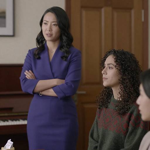 Photograph of a serious-looking woman with curly hair in a green sweater and a woman with long, wavy black hair in a blue dress, standing