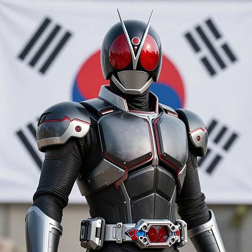 Photograph of a Kamen Rider in black and silver armor with red visor, standing in front of a Korean flag background.