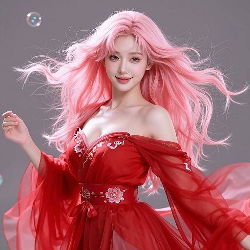 CGI image of a smiling, fair-skinned woman with pink hair, wearing an off-shoulder red dress with floral embroidery, surrounded by floating