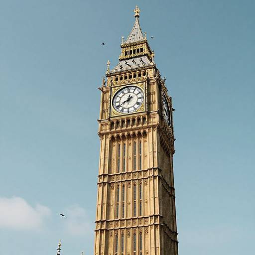 Photograph of the Elizabeth Tower (Big Ben) clock against a clear blue sky, showcasing its detailed Gothic architecture and prominent clock face.