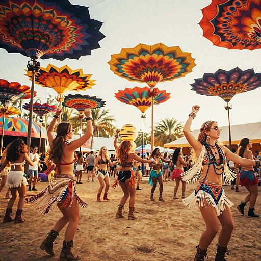 Photograph of a vibrant festival dance performance on a sandy beach, featuring women in fringe bikinis, dancing under colorful, patterned umbrellas at sunset