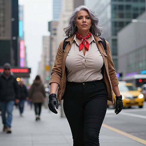 Photograph of a confident, curvy woman with gray hair, red scarf, white blouse, brown jacket, black pants, and gloves, walking in
