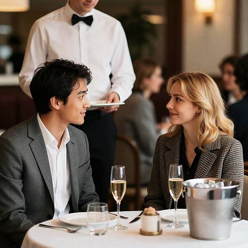 Photograph of a handsome young Asian man and a blonde woman in a restaurant, both smiling, dressed in formal attire, with a waiter in the background
