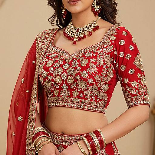 Vibrant Red Embroidered Kalidar Lehenga