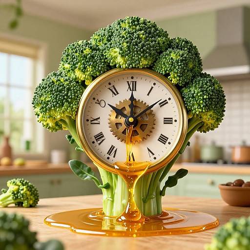 Photograph of a whimsical clock shaped like a broccoli plant with green florets, glowing yellow liquid base, and Roman numerals, set on a