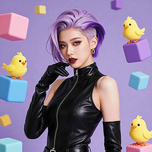 Digital artwork of a stylish woman with purple hair, black leather outfit, and gloves, surrounded by floating pastel cubes and yellow chicks.