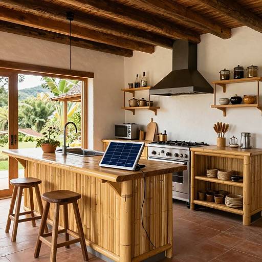 Photograph of a sunlit, rustic kitchen with wooden beams, bamboo island, stainless steel stove, shelves with jars, and a laptop.