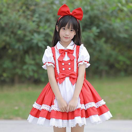 Photograph of a young Asian girl with black hair, wearing a red and white frilled dress, red bow, and headband, standing in a