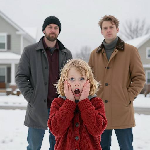 Surprised Child with Two Men in Snowy Suburban Setting